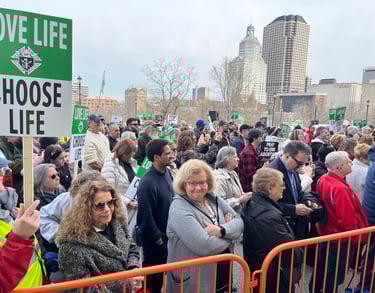 Crowd of protesters holding Love Life and Choose Life signs at a pro-life rally in a city park.