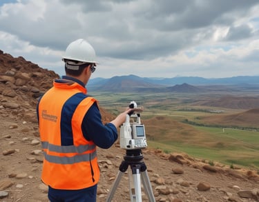 A land surveyor in a hard hat and safety vest uses a total station on a tripod to survey a valley.