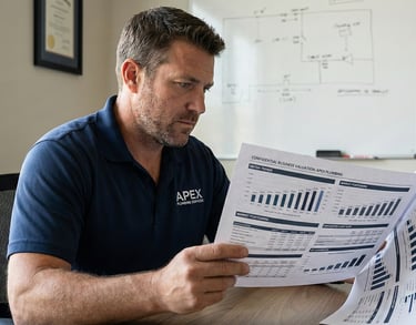 Plumbing contractor reviewing a detailed business valuation report with financial analytics and charts in a modern office.
