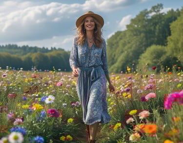 a woman in a blue dress and hat walking through a field of flowers