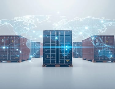 a group of containers with a map of the world