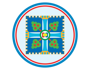 Um medalhão circular com um desenho colorido