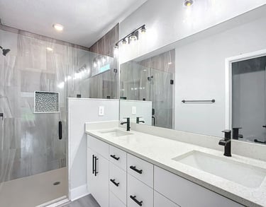 Before and after transformation of outdated bathroom into spa-style retreat with efficient layout an