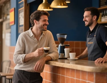 Two men smiling and talking at a cafe counter, representing friendly Spanish conversation