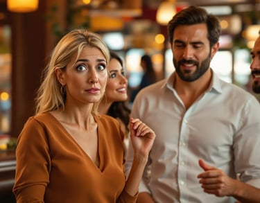 Woman with confused expression while others converse, symbolizing fear of speaking Spanish