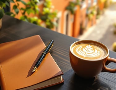 Notebook and coffee on table by window, symbolizing a calm, effective Spanish learning method