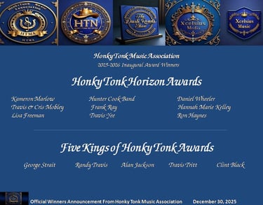 Honky Tonk Music Association Horizon Award and five kinhs of Honky Tonk 