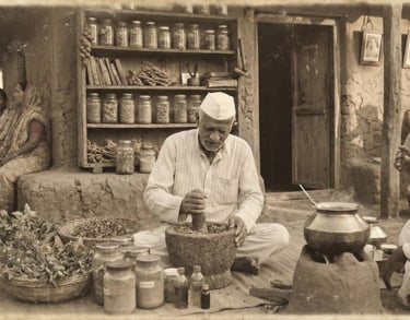 a man sitting on a bench in a village made herbal remedies