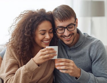 Casal sorrindo no sofá tomando café em curitiba, livre de impurezas e defeitos