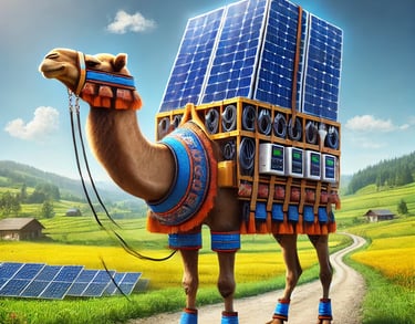 A horse equipped with solar panels delivering goods, symbolizing eco-friendly transportation.