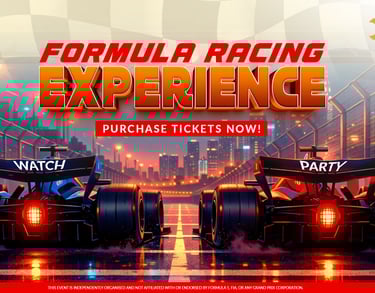 Formula racing experience event banner featuring two race cars on a city track at night with ticket details.