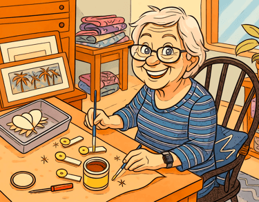 E.B happily at work in her Treasure Workshop