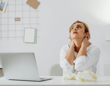 a woman sitting at a desk with a laptop computer