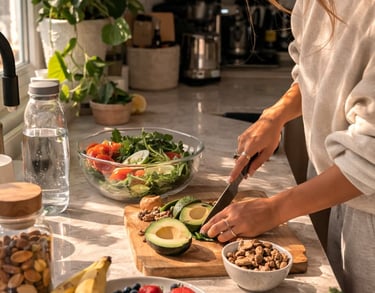 Hands preparing healthy meal with fresh vegetables and balanced nutrition