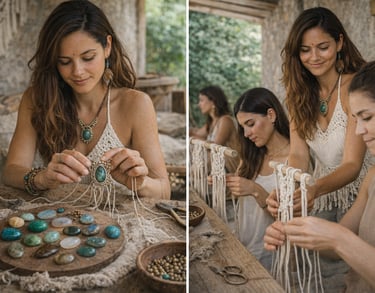Mujeres aprendiendo a crear joyería artesanal de macramé con piedras naturales.