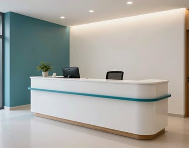 Modern reception desk of a clinic in Mallorca. Clean white surfaces, teal blue accents, minimalist wood elements, warm lighting, Southern European / Spanish design.