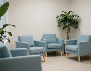 Patient waiting area with comfortable minimalist armchairs in light blue, local plants, and a calm, quiet atmosphere in a Southern European / Spanish clinic.