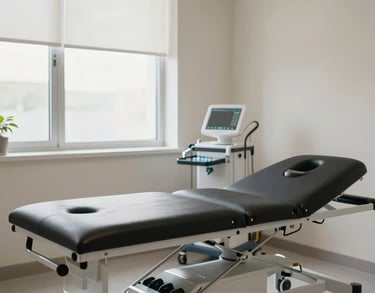 Private treatment room in a physiotherapy clinic. High-quality treatment table, professional medical tools neatly organized, soft off-white walls, large windows.