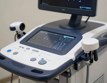 Macro shot of a high-tech ultrasound therapy machine in a professional clinical setting. Dark blue and white palette, focus on clean technology.