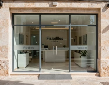 The welcoming entrance of the Fisioilles clinic in Palmanova, Mallorca. Clean glass door with subtle branding, accessible ramp, sunny Mediterranean day.