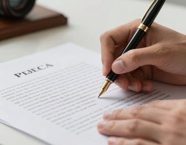 A focused close-up of hands signing a legal contract with a high-end gold-nibbed pen on white paper, professional and clean Brazilian office setting.