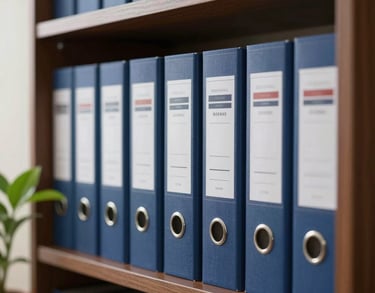 An organized office shelf with neatly arranged legal files and a small green plant, reflecting meticulous organization in a South American legal firm, soft natural light.