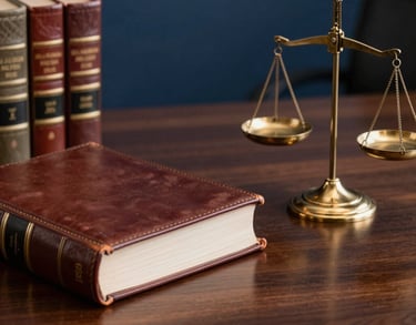 A close-up of high-quality leather bound law books and a bronze scales of justice on a polished dark wood desk in a Brazilian office, professional lighting with gold and dark blue tones.