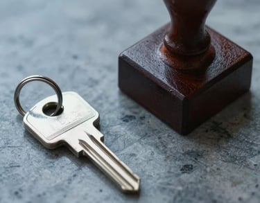 A close-up of a legal seal and a silver key on a marble surface, symbolizing property regularization and security, professionally lit in blue and grey tones.