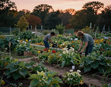 Photography of a community garden in Michigan during autumn, representing growth and collaboration. Soft Peach and Deep Forest colors in the sunset light.