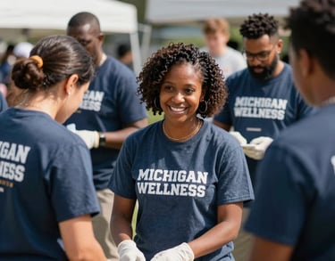 A diverse group of volunteers working together at a Michigan wellness event, wearing branded t-shirts. Sunny day, community vibe.