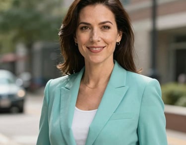 Professional portrait of a female outreach coordinator in a bright North American / Michigan US setting. She is wearing a soft teal blazer.