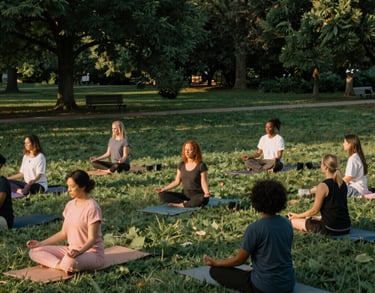 A peaceful outdoor meditation session at a local Michigan park with diverse participants. Soft Peach and Deep Forest tones in the early morning light.