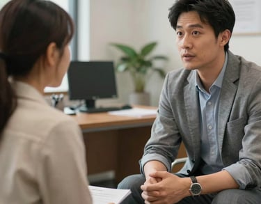 Two individuals having a supportive, focused conversation in a professional office in Michigan, symbolizing guided health counseling.