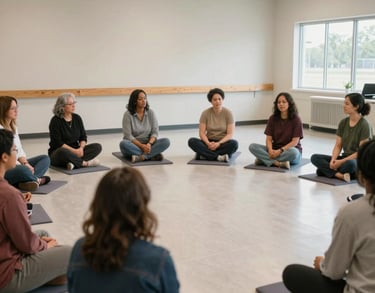 A group of diverse community members participating in a wellness seminar in a bright community hall in Okemos, Michigan. Soft natural lighting, professional and supportive atmosphere.