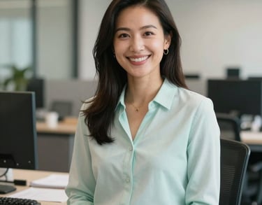 Professional photography of a friendly woman in a North American / Michigan US office setting, wearing professional casual attire, smiling at the camera. Soft Mint and Off-white palette.