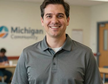 Professional portrait of a male health educator in a Michigan community center, wearing a professional polo shirt. Clean, approachable look.