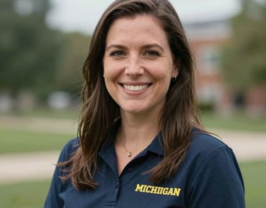 Professional headshot of a female volunteer coordinator with a warm smile, set against a blurred Michigan outdoor background. Professional and approachable.