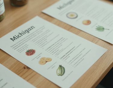 Close-up of healthy food and nutrition guides on a wooden table at a workshop in Michigan. Soft Mint and Off-white tones dominate the scene.