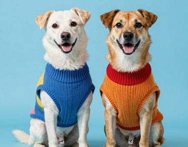 Dos perros mestizos felices que llevan coloridos suéteres de punto.