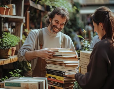 Dos personas intercalando una torre de libros