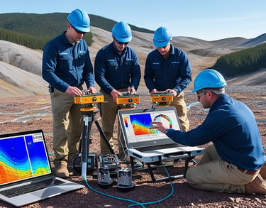 Engineers in hard hats using seismic surveying equipment and laptops for geophysical data analysis at a remote mining site.
