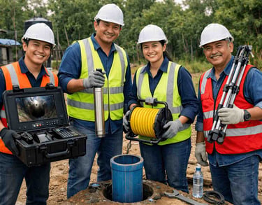 A team of smiling civil engineers in hard hats use a borehole camera and equipment for a ground inspection.