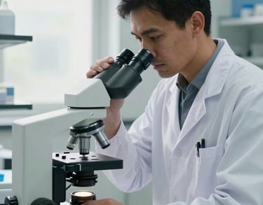 A clinical researcher in a sterile, bright Sokoto hospital laboratory, wearing a white coat and adjusting a modern microscope, natural window light, medium portrait shot.