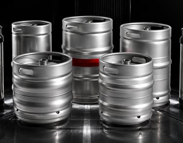 A lineup of different types of stainless steel kegs
