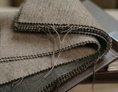 Close-up of grey and brown herringbone wool fabric swatches for custom tailoring and upholstery.