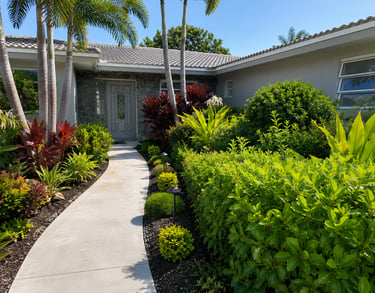 A concrete walkway leads to a modern home entrance with lush tropical landscaping and palm trees.