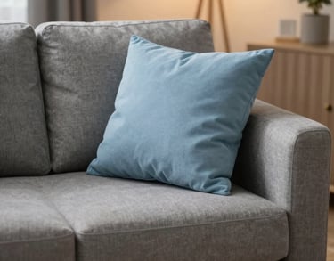 A comfortable gray sofa with soft light blue cushions in a warm and welcoming therapy room.
