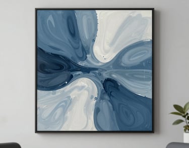 Abstract and calming wall art with fluid shapes in various shades of blue and white, hanging in a professional counseling office.