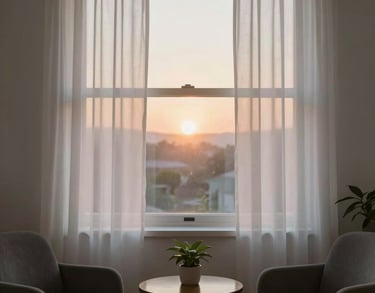 A view of a soft morning sunrise through a window with white curtains, casting a hopeful light into a serene counseling space.