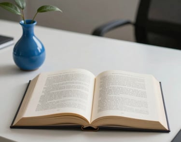 A symbolic image of an open book on a clean white desk next to a small blue vase, representing knowledge and growth in a Hispanic professional setting.